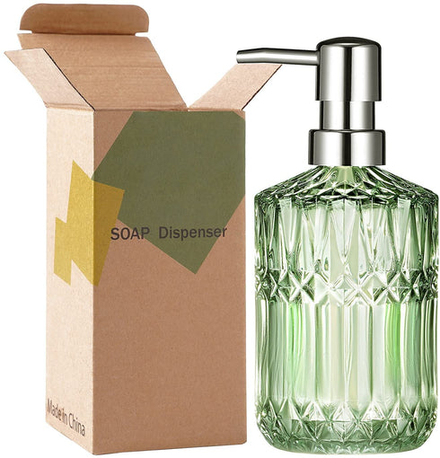 TISUZXCV Diamond Design 12 Oz Green Glass Soap Dispenser,Refillable Lotion Soap Dispenser for Bathroom, Kitchen, Hand Soap, Dish Soap ,Shampoo , Ideal for Bathroom Countertop. (Clear Green)