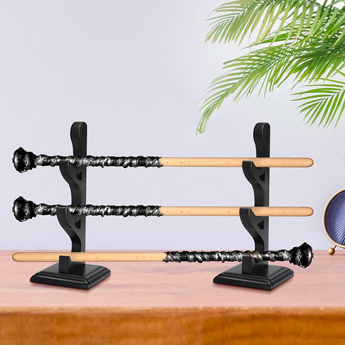 2 Set Wizard Wand Holder Wood Wand Display Stand Magic Wand Display Holder for Wand, Knife, Dagger, Table Counter Shelf Home or Office Display, Halloween Decor, Black (3 Tiers)