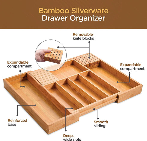 Kitchen Drawer Silverware Organizer - Expandable Bamboo Utensil Tray with Knife Block. Kitchen Silverware Holder or Expandable Drawer Organizer for any drawer, 17? Long, Adjustable from 13? - 22.5? Wide, 2? Deep