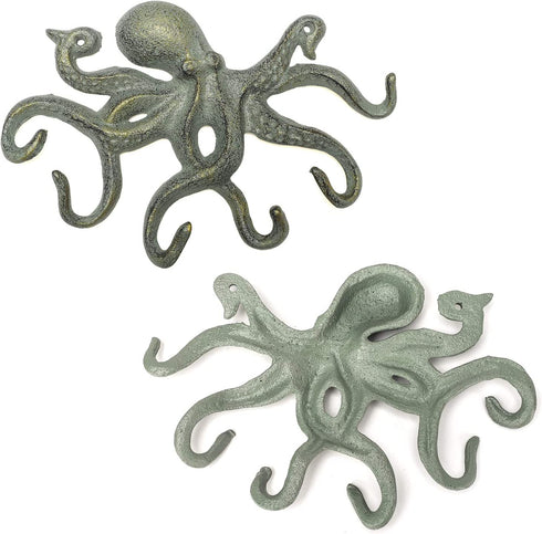 ChasBete Octopus Iron Wall Hooks for Hanging, Rustic Decorative Hooks/ Key Holder/ Coat Hooks/ Towel Hooks with 6 arms - Gold Green