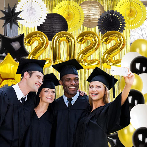 New Years Party Supplies, Graduation Party Decorations, Gold 2022 Balloons Latex Balloon Metallic Gold Fringe Curtain Paper Lanterns Paper Fans for Anniversary Grad New Years Eve Party (Black/Gold)