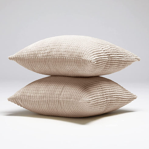 Deconovo Throw Pillow Covers Corduroy 18x18 Inch Cream with Stripe Pattern Square Soft Cushion Covers for Couch Bedroom Sofa Living Room Bed Chair Solid Pack of 2