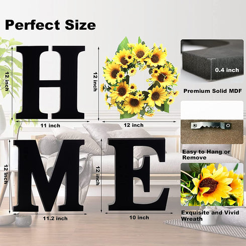 12 Inch Wood Home Letters with Sunflower Wreath for O, Wall Hanging Large Wooden Home Sign, Rustic Wall Decor for Living Room Kitchen Entryway, House Decorative Artificial Sunflower Wall Decoration