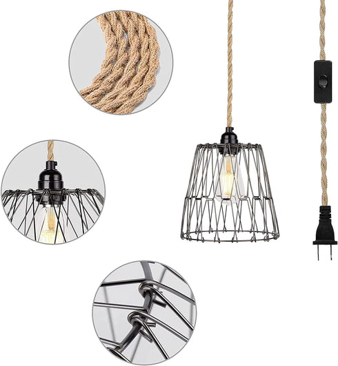 Farmhouse Black Plug in Metal Pendant Light - Industrial 15 Ft Hanging Lamp Kit Hemp Rope Light Cord Metal Cage Deformable Lampshade Lighting Fixtures with for Living Room Bedroom Loft DIY Decor