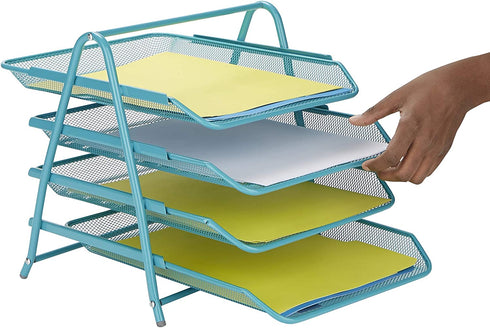 Mind Reader Desk Organizer with 4 Sliding Trays for Letters, Documents, Mail, Files, Paper, Turquoise