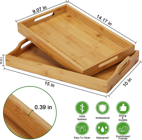 Serving Tray with Handle Rectangle Bamboo Butler Breakfast Tray,2 pcs Party Platter Decorative Large Tea Tray for Ottoman,Couch Dinner Trays for Kitchen, Bathroom, Living Room,Bedroom and Outdoors