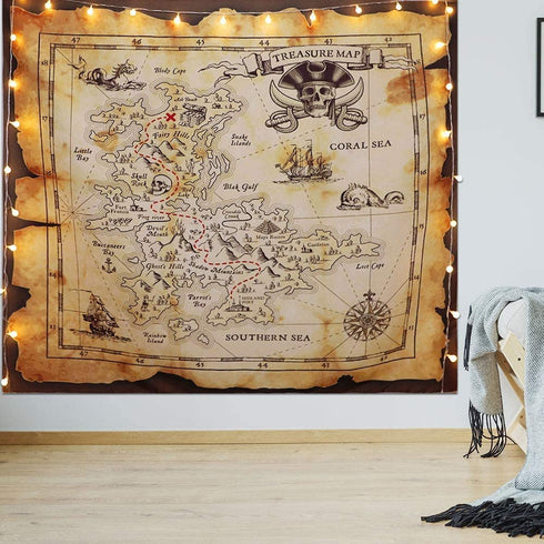 QCWN Pirate Map Tapestry, Treasure Map Tapestry, Island Treasure Map Nautical Wall Tapestry,Tapestry for Men,Halloween Map Tapestry Room Decor for Men,Pirate Decor,Birthday Party.