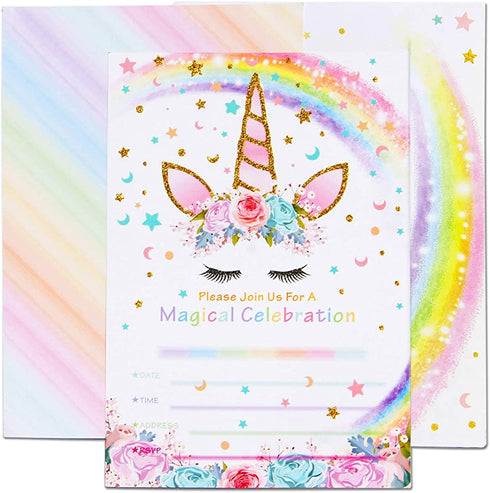 AMZTM Magical Unicorn Party Invitations with Envelopes for Kids Birthday Baby Shower Unicorn Party Supplies 20 Pieces of Fill-in Blank Invitation Card Kit