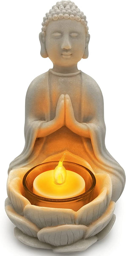 OakiWay Meditation Decor - Buddha Statue & Lotus Flower Candle Holder W/ Flickering Led Candle - Spiritual Decor, Zen/Yoga Accessories, Feng Shui/Spa/Japanese/Boho Decor, Relaxing Gifts for Women