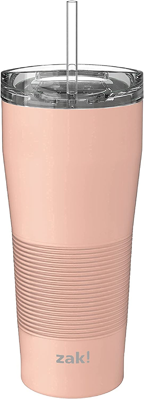 Zak Designs Lynden 28 oz Vacuum Insulated 18/8 Stainless Steel Travel Tumbler with Splash-Proof Lid, Includes Reusable Plastic Straw and Fits in Car Cup Holders, Misty Rose