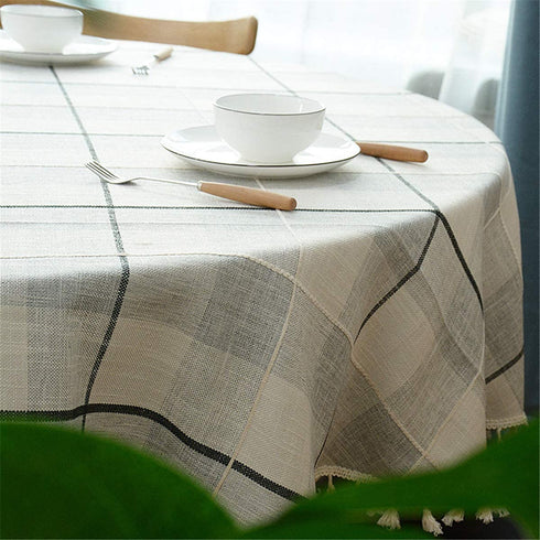 Round Tassel Plaid Tablecloth, Heavy Weight Cotton Linen Fabric Table Cover for Kitchen Dining Tabletop Decoration, Off White & Grey, 48" Round