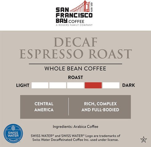 SAN FRANCISCO BAY Coffee DECAF Espresso Roast Whole Bean Coffee, 2 lb Bag (32 oz), Medium Dark Roast, Swiss Water Process Decaffeinated