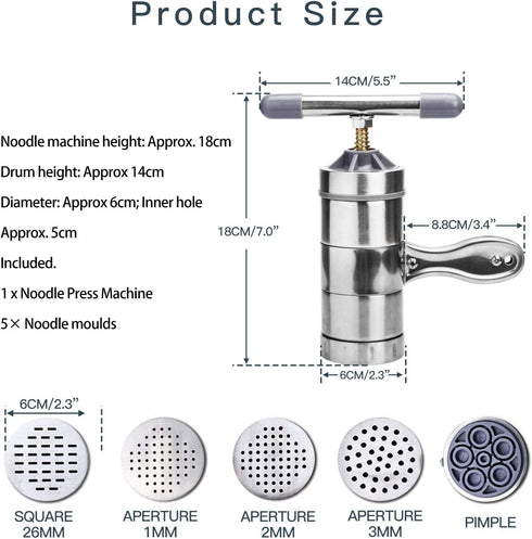 Manual Noodle Pasta Maker Spaghetti Kitchen Tool Stainless Steel Press Machine Press Machine Pasta Maker with 5 Noodle Mould Fruit Juicer Squeezer (18.5x14cm)