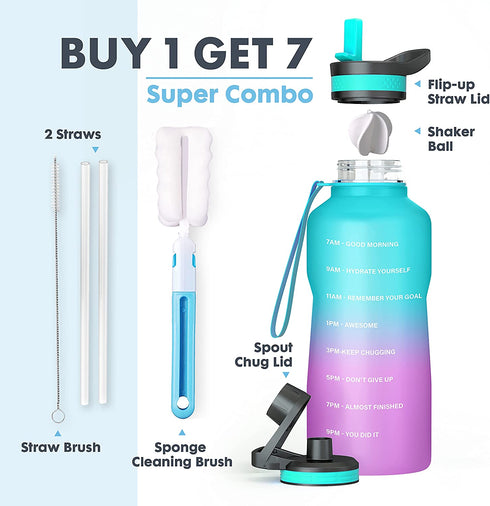 64oz Half Gallon Water Bottle with Time Marker, BUZIO Water Jug with Spout & Straw lid, BPA Free 1/2 Gallon Water Bottle with Straw & Handle for Fitness Outdoor, Ombre Green Pink Purple