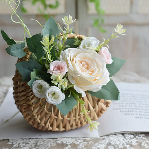 WYI Half-moon Mini Straw Rattan Baskets, Hand-woven Flower Basket with Handle, Retro Storage Containers, Khaki