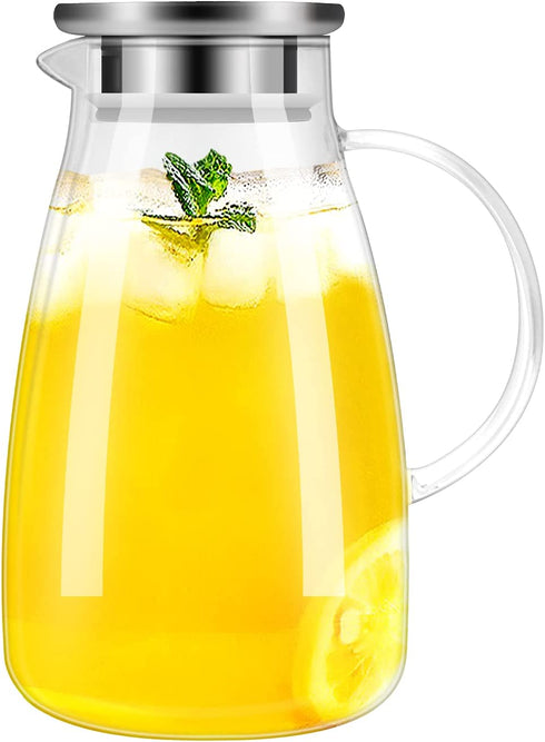 DYKL Glass Pitcher-Pitcher With lid 68 Ounces, 18/8 Stainless Steel Drip-Free Water Pitcher With Lid, Heat Resistant Borosilicate Glass Water Pitcher for Deposit, Juice Milk Cold or Hot Beverages.