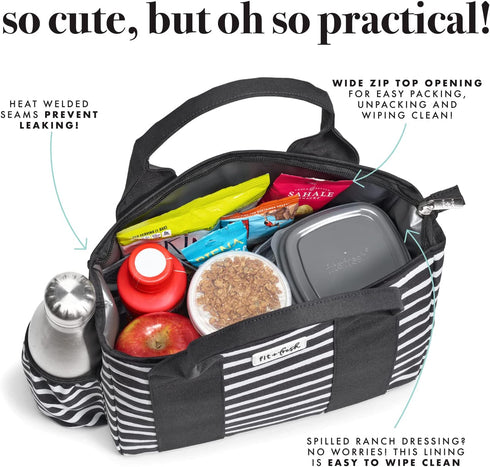 Fit + Fresh Sanibel Insulated Lunch Bag, Lunch Bag for Women Includes 2 Food Containers, Reusable Lunch Box, Perfect for Work, School, Beach & More, Black Stripe