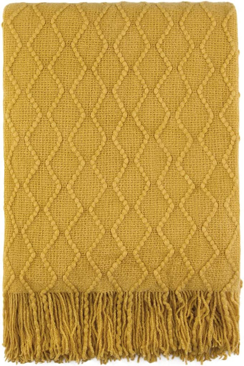 SPAOMY Throw Blanket, Knit Blanket with Tassels, Textured Cozy Lightweight Decorative Throw Blanket for Couch, Bed, Sofa, Travel- All Seasons (60x80 Inch, Mustard Yellow)