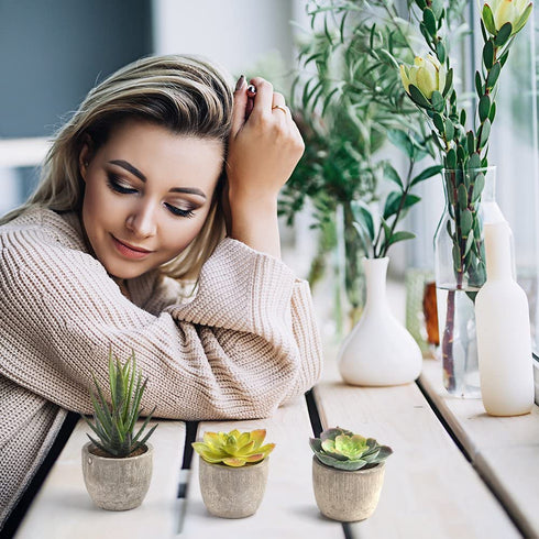 FEPITO 5 Pcs Artificial Succulent Plants with 2 Pcs Plant Hangers?2.4 Mini Faux Succulents Artificial Cactus Aloe Echeveria with Gray Pots Hanging Stems Bulk for Home Indoor Decoration