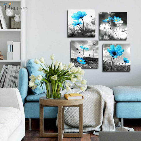 HLJ ART Modern Salon Theme Black and White Peacock Blue Vase Flower Painting Still Life Canvas Wall Art for Home Bathroom Living Room Wall Decor