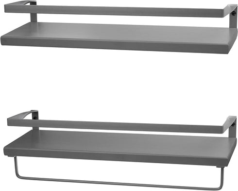 Peter's Goods Modern Floating Shelves with Rail - Wall Mounted Bathroom Wall Shelves with Towel Bar - Also Perfect for Bedroom Decor, Office and Kitchen Storage - Solid Pine Wood Shelf Set of 2 (Grey)