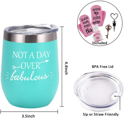 Wine Tumbler Cupcake Wine Socks Set, Ideas for Girlfriend Lover Women Girl, Not a Day Over Fabulous 12Oz Stainless Steel Tumbler, Socks, Bottle Opener, Wine Stopper, Mint