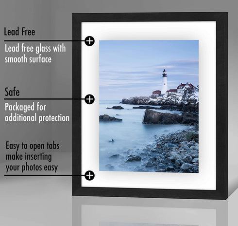 Americanflat 11x14 Floating Frame in Black with Polished Glass and Hanging Hardware Included - Also Use 8x10 or 5x7 Photos for Floating Effect - Horizontal and Vertical Formats for Wall