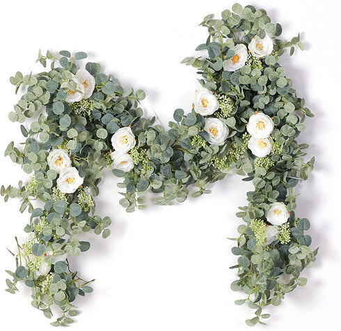 PARTY JOY 6.5ft Seeded Eucalyptus Garland with Flowers-8 White Roses-Lush,Natural Looking, Floral Garland Greenery Garland for Party Wedding Table Indoor Outdoor Backdrop Wall Decor?White,1?