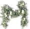 PARTY JOY 6.5ft Seeded Eucalyptus Garland with Flowers-8 White Roses-Lush,Natural Looking, Floral Garland Greenery Garland for Party Wedding Table Indoor Outdoor Backdrop Wall Decor?White,1?