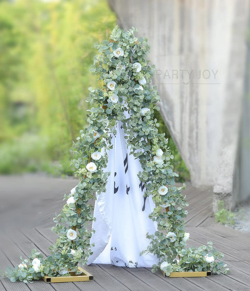 PARTY JOY 6.5ft Seeded Eucalyptus Garland with Flowers-8 White Roses-Lush,Natural Looking, Floral Garland Greenery Garland for Party Wedding Table Indoor Outdoor Backdrop Wall Decor?White,1?