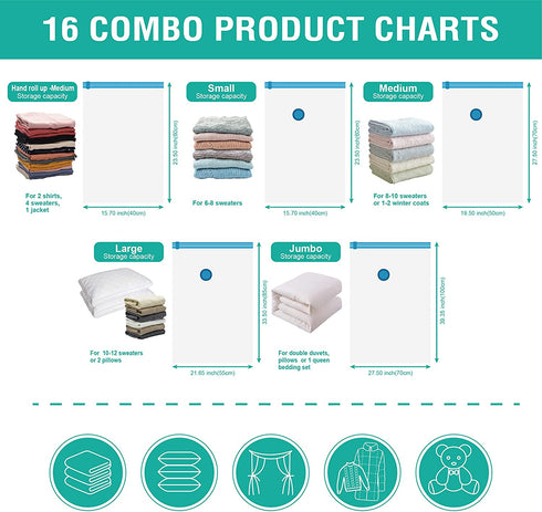 16 Pack Vacuum Storage Bags, Space Saver Bags (2 Jumbo/2 Large/3 Medium/3 Small/6 Roll) Compression Storage Bags for Comforters and Blankets, Vacuum Sealer Bags for Clothes Storage, Hand Pump Included