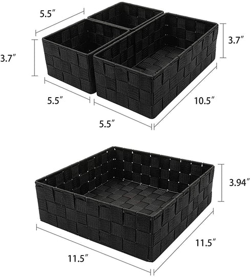 VK Living Woven Storage Box Basket Bin Container, Woven Strap Basket, Nylon Woven Box Basket, Underwear Bra Storage Organizer Divider for Drawer, Dresser, Closet, Black, Set of 4