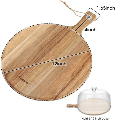 Geesta Acacia Wood Pizza Peel, Round Cutting Board with Handle 12" Wood Cutting Board Decor, Prepare for Cheese Paddle Board, Charcuterie Board, Pizza Peel Serving Large Kitchen Farmhouse Gift