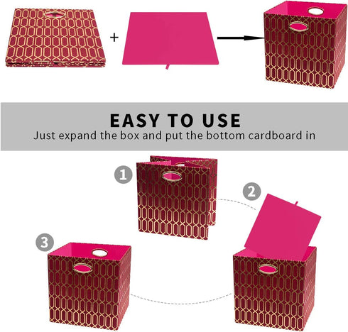 Posprica Storage Bins, Storage Cubes,13×13 Fabric Drawers Organizer Basket Boxes Containers (13×13×13/2pcs, Red/Gold Geometry Pattern)