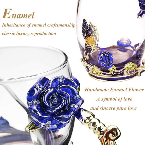 Tea Cup Glass Coffee Mugs Enamel Rose Flower Butterfly Drinking Cups with Spoon Set Unique Gifts for Birthday Wedding Christmas Blue Rose Tall Mug 12oz