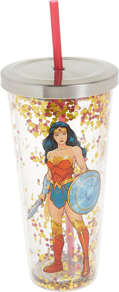 Spoontiques 21305 Wonder Woman Glitter Cup with Straw, Multicolor