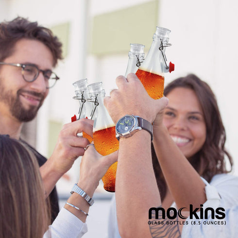 Mockins Set of 6 | 8.5 Oz. Glass Bottle Set with Swing Top Stoppers and Includes Bottle Brush , Funnel and Gold Glass Marker | Clear Glass Water Bottle
