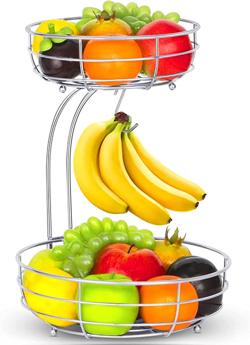 Bextsrack 2-Tier Fruit Basket Bowl with Banana Hanger for Kitchen Countertop, Dining Table, Silver