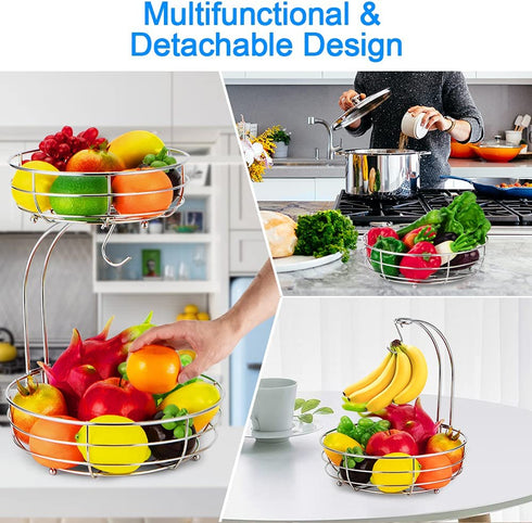 Bextsrack 2-Tier Fruit Basket Bowl with Banana Hanger for Kitchen Countertop, Dining Table, Silver