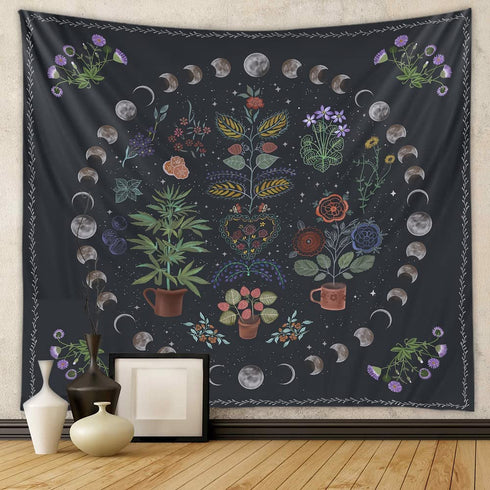 LAIMAILER Botanical Plant Tapestry Decor For Bedroom Aesthetic, Boho Moon And Sun Wall Hanging Tapestry, Large Nature Wall Decor Blanket Mandala Tapestry For Bedroom Home Dorm----60" X 80"