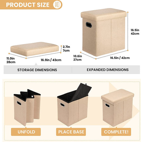 COSYLAND Ottoman with Storage Slim Folding Ottoman Footrest Foot Stool Ottoman for Room Small Tall Collapsible Fabric Ottoman Furniture with Lid Handles Toy Chest Linen Beige 16.5x16.5x10.6in