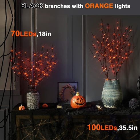 Fudios Halloween Lighted Branches with Timer 100L Orange Fairy Lights 35IN, Artificial Black Branch Lights for Halloween Battery Operated Home Decor Indoor Outdoor Use