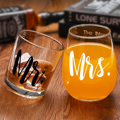 Futtumy Mr & Mrs Whiskey Glass and Stemless Wine Glass Gift Set, Valentines Day Gift for Mr Mrs Couple Husband Wife Bride Groom, Unique Glass Set Idea for Valentines Day Birthday Christmas Wedding