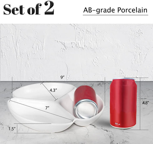 AQUIVER 9 inch Matte Ceramic Divided Serving Platter & Tray - 3 Compartment White Serving Plates for Candy, Nuts, Fruit, Veggies, Appetizers, Set of 2