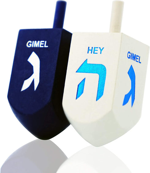 Let's Play Dreidel The Hanukkah Game Extra Large Blue & White Wood Dreidels - Instructions Included! - D10 (2-Pack XL Dreidels)
