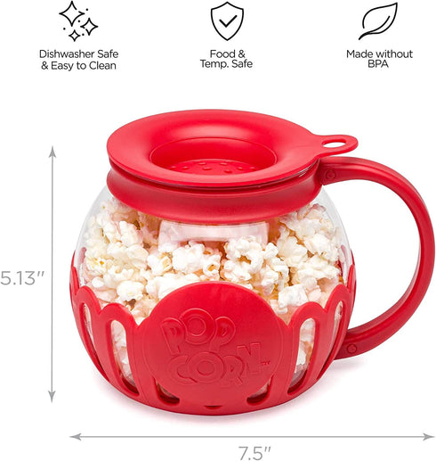 Ecolution Patented Microwave Micro-Pop Popcorn Popper, Borosilicate Glass, 3-in-1 Lid, Dishwasher Safe, BPA Free, 1.5 Quart Snack Size, Red.