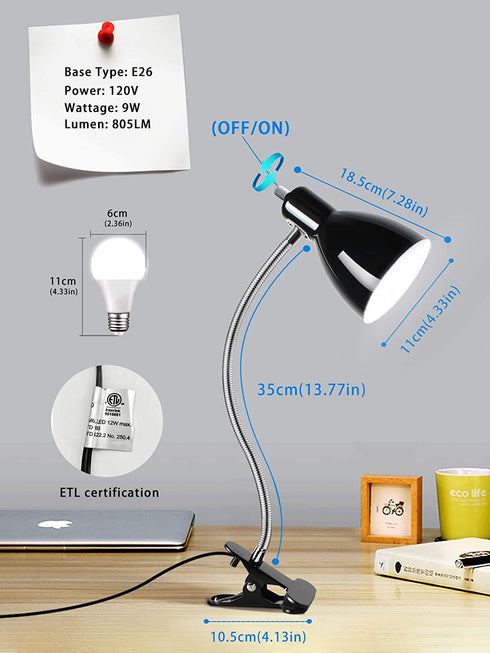 Clip on Light Desk lamp Eye-Caring Table Lamps, 360°Rotation Gooseneck Clip on Lamp Reading Light, Portable Reading Book Light, Clamp Light, Study Desk Lamps for Bedroom and Office Home Lighting-Black