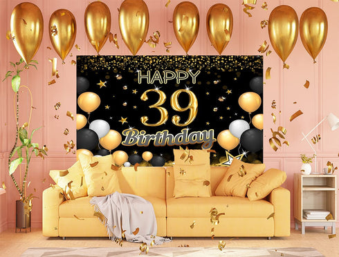 RBYOO 39th Gold Black Happy Birthday Backdrop for Girls Women Boy Men 7x5ft Photography Background Banner Birthday Party Decorations Photo Booth Props