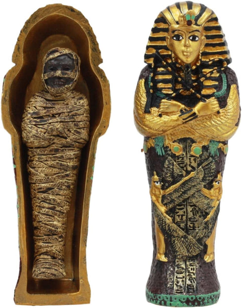 Gifts & Decor Ebros Egyptian King Tutankhamun Pharaoh Sarcophagus Coffin with Mummy Figurine Set 4" Long Egyptian Pharaoh Tombstone Historical Sculpture