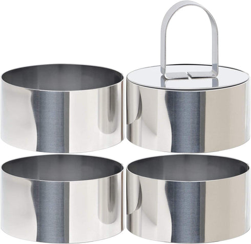 HULISEN Round Cake Ring Mold, Stainless Steel 3 inch Dessert Mousse Molds with Pusher & Lifter Cooking Rings, Tuna Tartare Mold (Include 4 Rings and 1 Pusher)